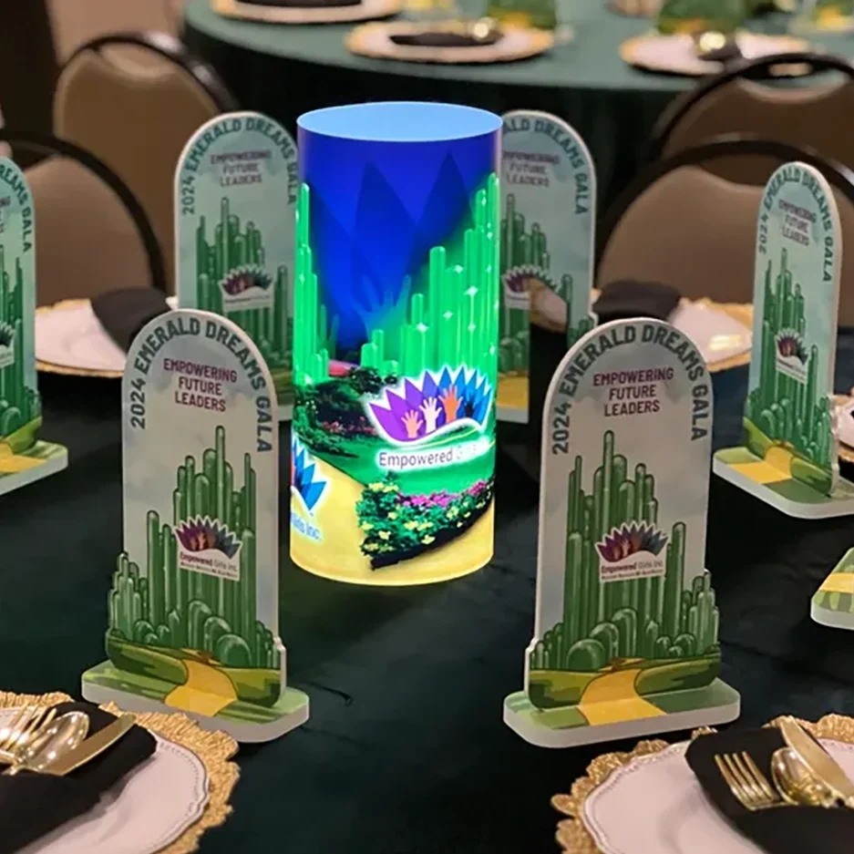 Custom illuminated centerpiece at a nonprofit gala table