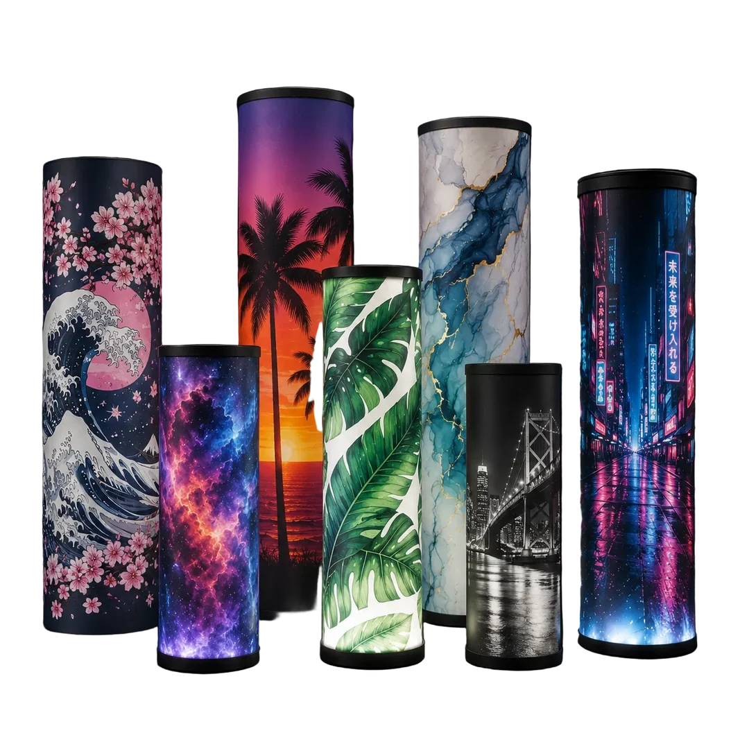 A range of custom illuminated centerpiece sizes and graphic styles