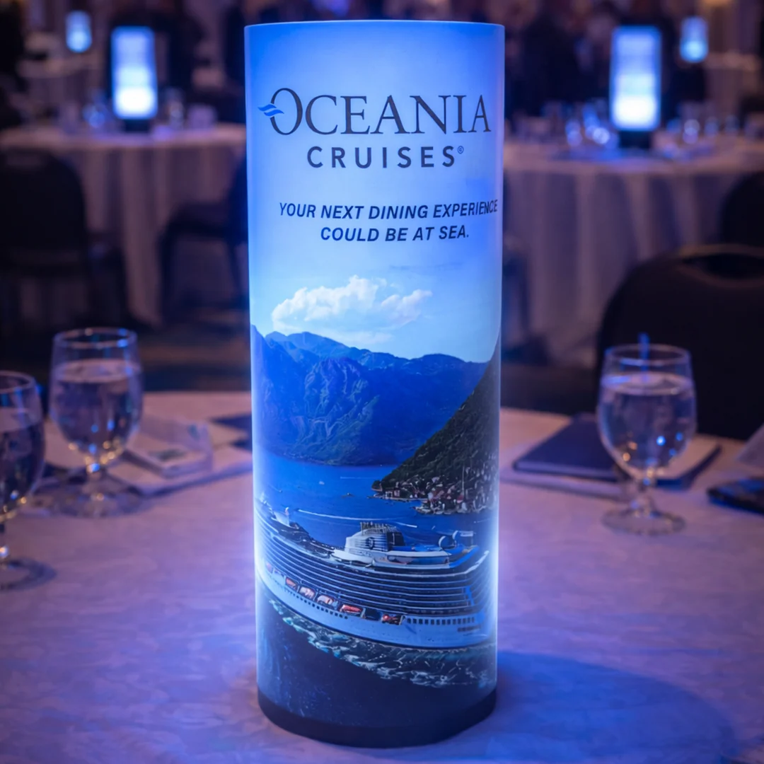 Oceania Cruises illuminated centerpiece in a ballroom